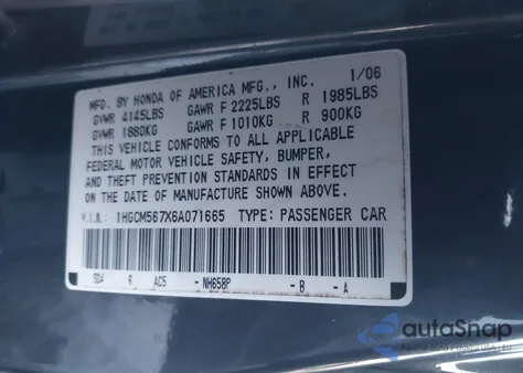 2006 Honda Accord 2.4 Ex z USA, uszkodzony, nr VIN 1HGCM567X6A071665